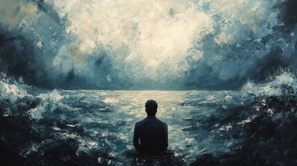 Obraz premium Man alone with the sea, sad, depression, loneliness, surreal painting