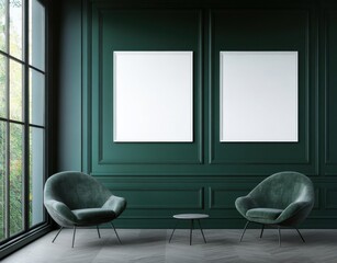 A room with two chairs and two white picture frames. The chairs are green and are placed next to each other