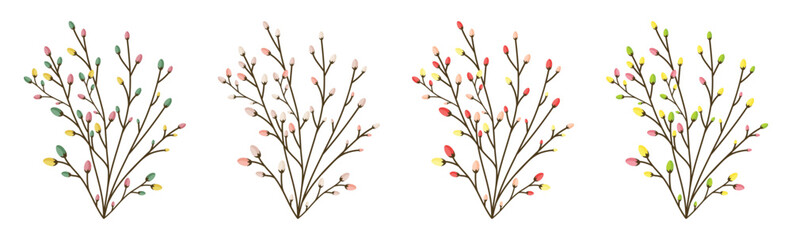 colorful spring twigs set with swollen buds isolated on white background