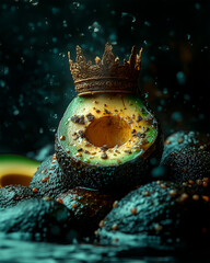 A photo of an avocado with a king's crown.