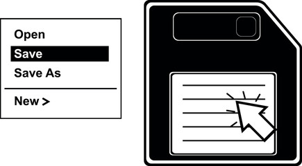 vector illustration black and white icon pop up menu contextual window with save options and a computer mouse clicking floppy disk