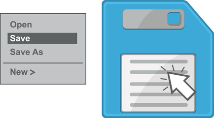 vector illustration pop up menu contextual window with save options and a computer mouse clicking floppy disk icon