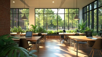 Fototapeta premium Modern coworking space with wooden tables, chairs, lush greenery, and large windows providing ample natural light, ideal for productivity.