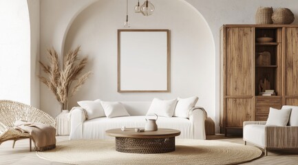 A cozy living room with a white couch, coffee table, and a white framed picture on the wall. A vase is placed on the coffee table, adding a touch of elegance to the space