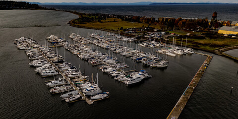 Semiahmoo Park and Marina in the fall first snow on the local mountains