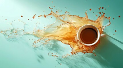 A cup of coffee with a splash of liquid on a table