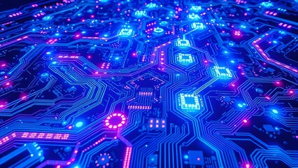 Vibrant circuit board close-up with illuminated pathways