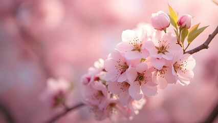 Delicate Springtime Apple Blossoms, Soft Pink Floral Background, Pastel Card Glow, Selective Focus, Bokeh Effect, Ample Copy Space