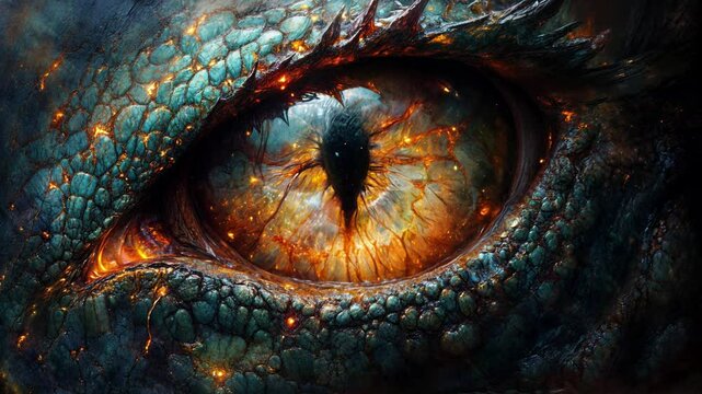 Extreme close-up of a dragon's eye with fiery hues and intricate scale details. Perfect for fantasy and mythical themes