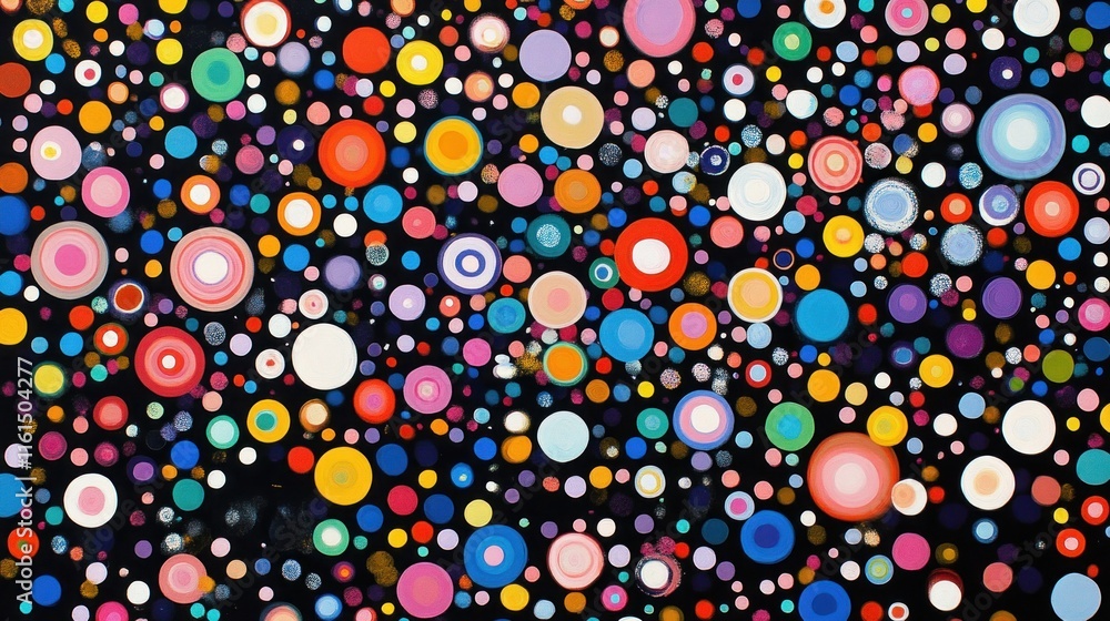 Poster colorful abstract background with many circles of various sizes and colors on black.