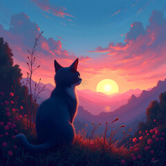 Silhouette of a cat against a vibrant sunset