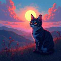 Serene sunset with a cat on a grassy hill