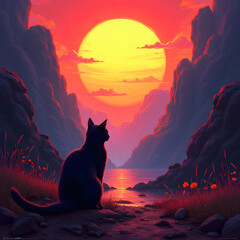 Serene sunset landscape with black cat