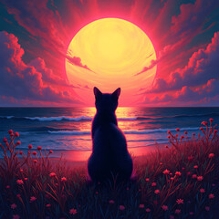 Serene coastal scene with a black cat at sunset