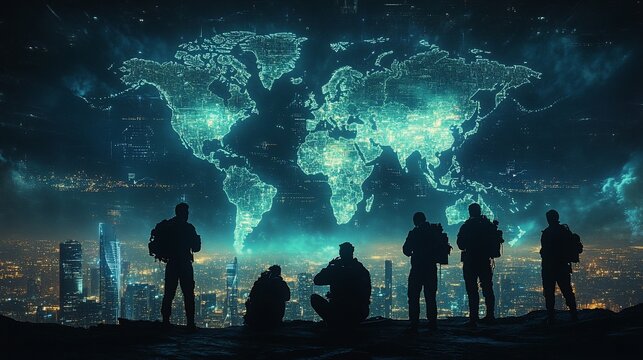 Silhouetted soldiers observe glowing world map.