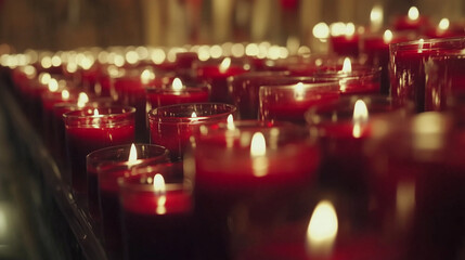Glowing red candles in serene atmosphere, reflection and remembrance
