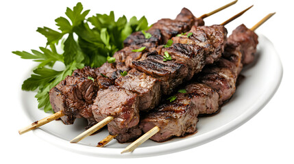 Delicious Grilled Meat Skewers with Fresh Parsley on a White Plate for Culinary Inspiration