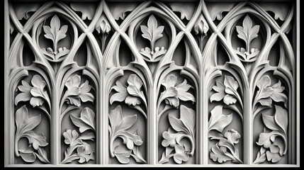 Ornamental pattern with pointed arches and intricate vines, forming a repeating Gothic tapestry.