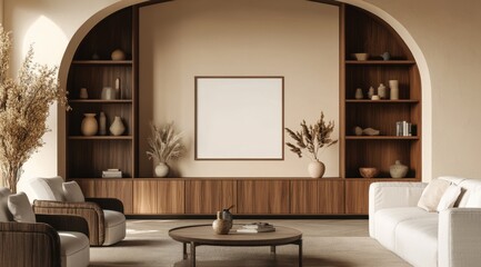 A living room with a white wall and brown furniture. A coffee table is in the middle of the room. A vase is on the table