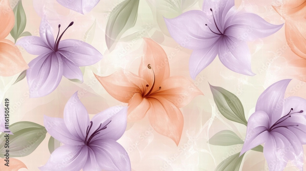 Poster delicate floral pattern featuring soft pastel flowers and leaves on a light background. generative a
