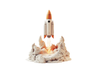 3D Launch of a red rocket isolated on clear PNG background, Generative Ai.