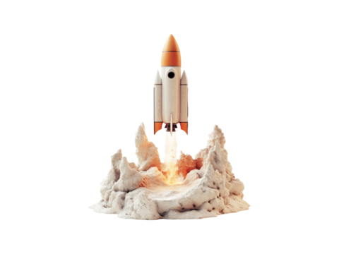 3D Launch of a red rocket isolated on clear PNG background, Generative Ai.