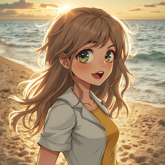 Cheerful character by the beach at sunset