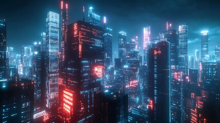 Fototapeta premium Futuristic Cityscape Illuminated By Neon Lights At Night