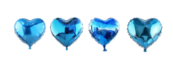 Heart shaped blue foil balloons isolated on transparent background.