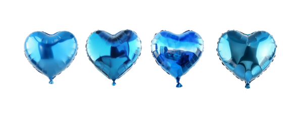 Heart shaped blue foil balloons isolated on transparent background.