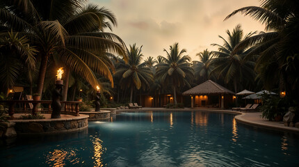 serene outdoor pool is surrounded by palm trees and lit by tiki torches at dusk
