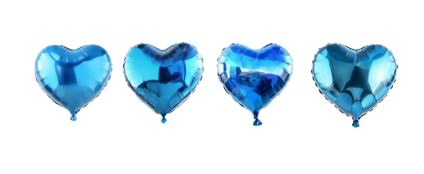 Heart shaped blue foil balloons isolated on transparent background.