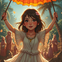 Young girl with orange umbrella in vibrant nature setting