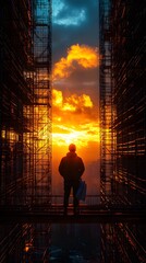 Fototapeta premium Construction Worker Silhouette, Sunset, Scaffolding