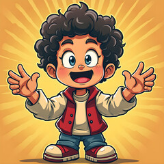 Cheerful cartoon boy with curly hair in a vibrant background