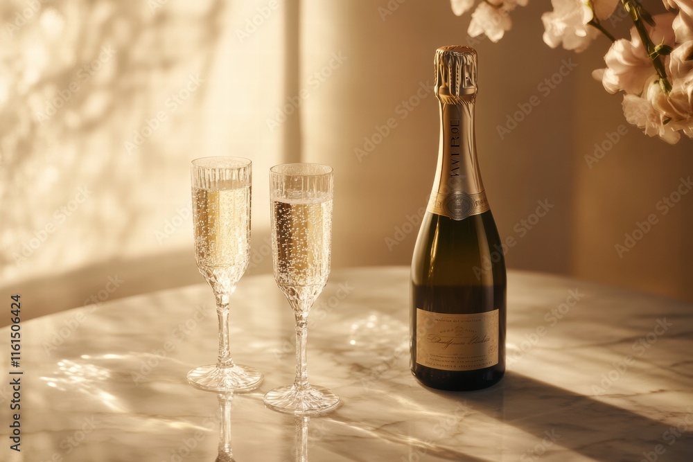 Poster celebrate with elegant champagne and crystal flutes in soft afternoon light. generative ai