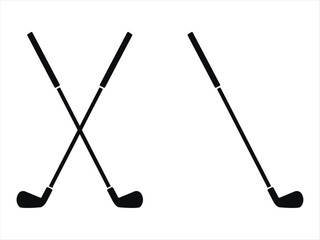 Minimalist black silhouette of crossed golf clubs with flat heads and simple handles, ideal for vector illustrations, sports logos, or golfing equipment branding related to tournaments and recreation.
