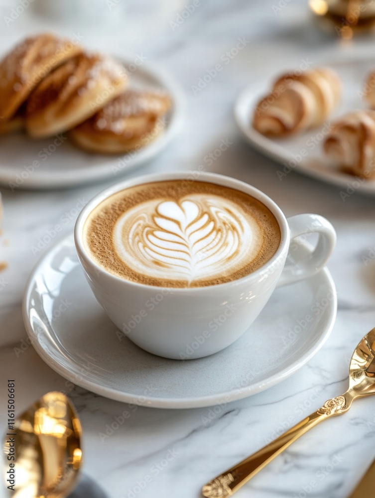 Poster enjoying a premium cup of coffee showcasing intricate latte art in a cozy cafe setting. generative a