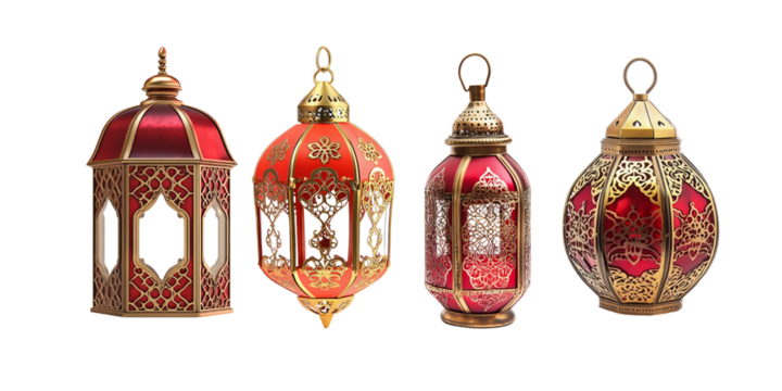 Red metallic gold ramadan lantern isolated on transparent background.