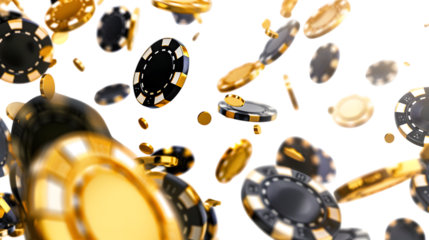 Black and golden casino chips falling, isolated on white background 