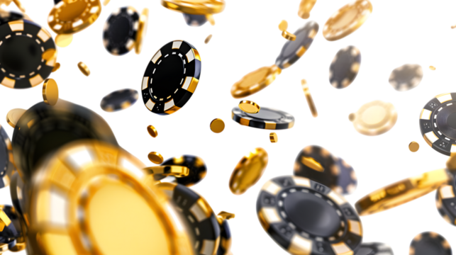 Black and golden casino chips falling, isolated on white background 