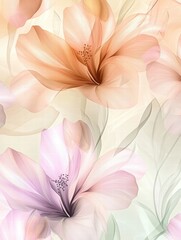 Fototapeta premium Delicate floral pattern featuring soft pastel flowers in gentle hues and flowing leaves. Generative AI