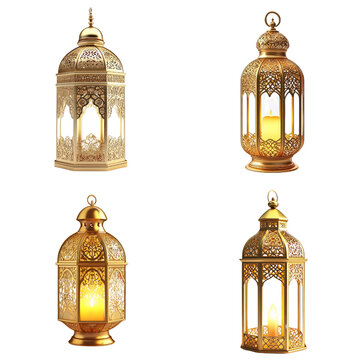 Gold metallic gold ramadan lantern isolated on transparent background.