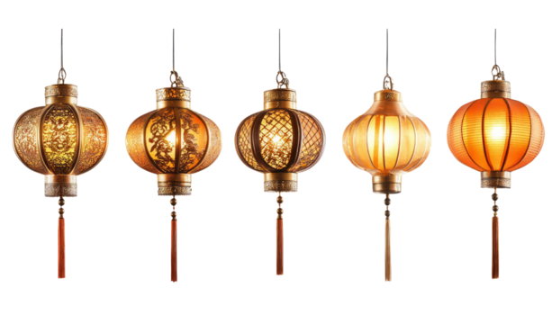 Collection of Isolated Chinese Lanterns on Transparent Background.