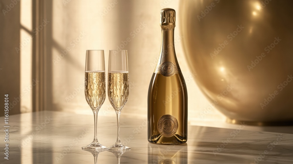 Poster Enjoying bubbly champagne in crystal flutes on a stylish marble table in a bright and elegant setting. Generative AI