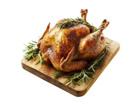 The turkey is garnished with sprigs of fresh rosemary, on wooden chopping board isolated on transprent background.