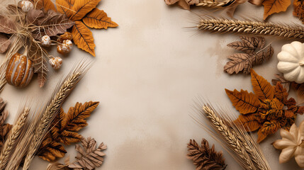 Thanksgiving Dinner Invitation: A beige card bordered by harvest leaves and wheat stalks