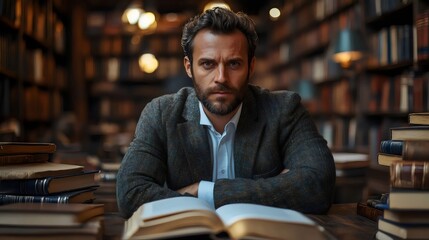 A man is sitting at a desk with a book open in front of him
