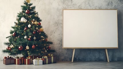 A decorated Christmas tree with ornaments and empty sign