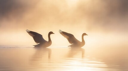 Fototapeta premium Two swans on misty lake at sunrise.